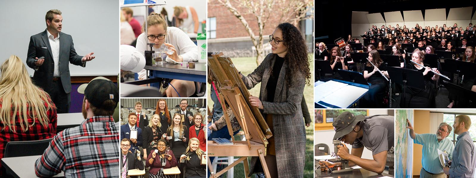 collage of photos showing students at work in areas of art, communication, sciences, etc.